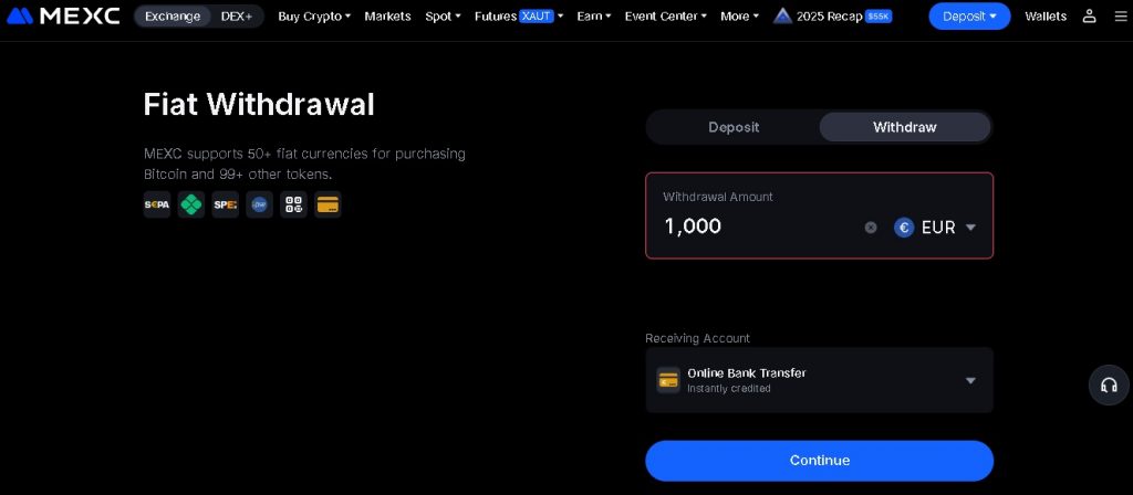 Вывод фиатных средств с биржи Mexc